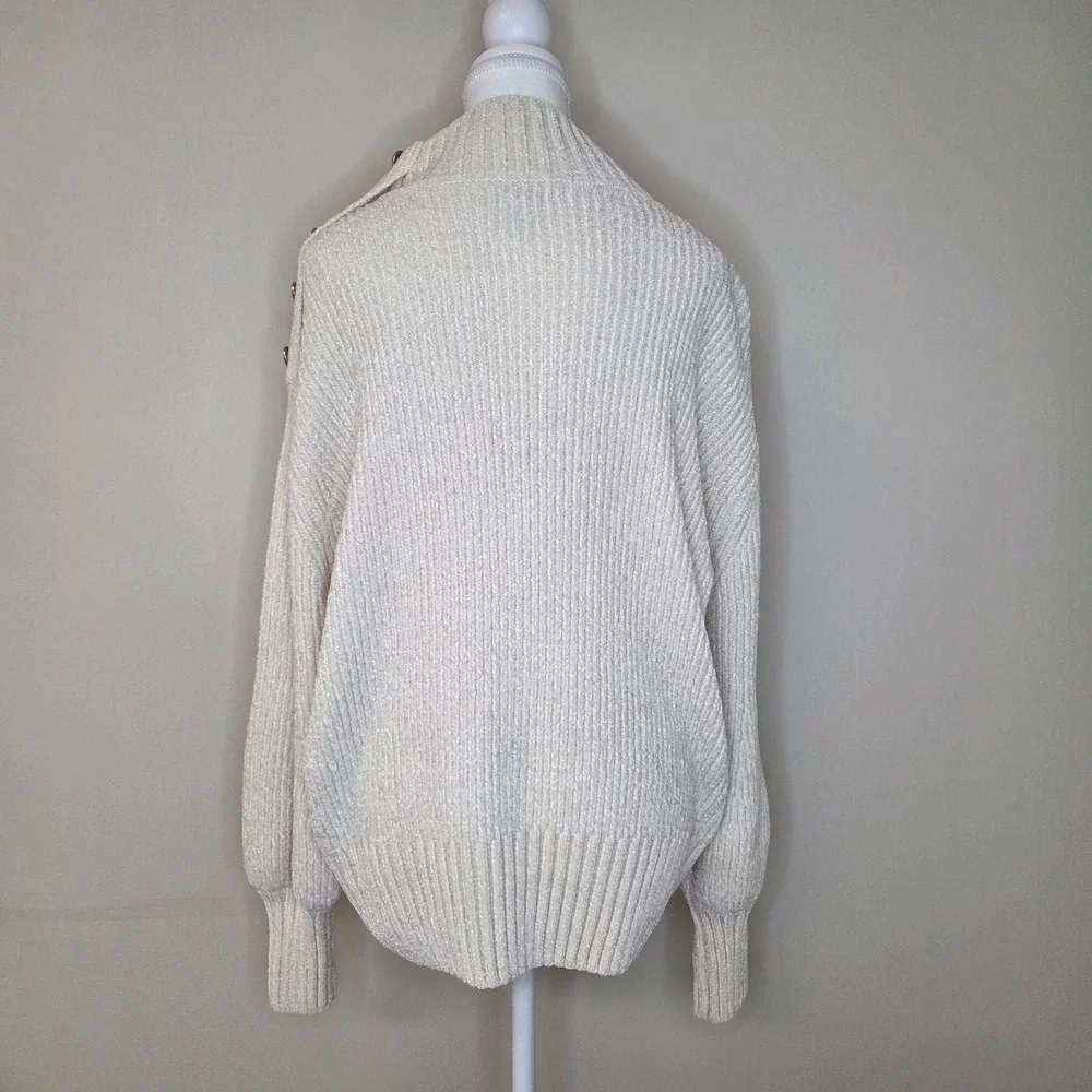 Cynthia Rowley Chenille Mock Neck‎ Sweater Gold Shoulder Button Cream Large - Picture 4 of 6
